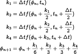 
      \begin{align*}
      k_1 &= \Delta t f(\phi_n, t_n) \\
      k_2 &= \Delta t f(\phi_n+\frac{k_1}{2}, t_n+\frac{\Delta t}{2}) \\
      k_3 &= \Delta t f(\phi_n+\frac{k_2}{2}, t_n+\frac{\Delta t}{2}) \\
      k_4 &= \Delta t f(\phi_n+k_3, t_n+\Delta t) \\
      \phi_{n+1} &= \phi_n + \frac{k_1}{6} + \frac{k_2}{3} + \frac{k_3}{3}
      + \frac{k_4}{6}
      \end{align*}
    