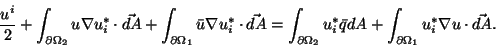\begin{displaymath}
\frac{u^i}{2}+\int_{\partial\Omega_2}u\nabla u^*_i\cdot\vec{...
...i\bar{q}dA
+\int_{\partial\Omega_1}u^*_i\nabla u\cdot\vec{dA}.
\end{displaymath}